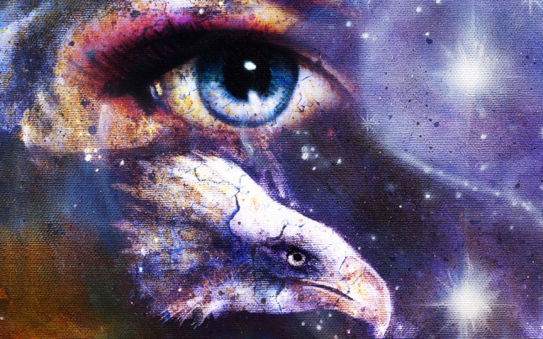 painting eagle with woman eye on abstract background and Yin Yang Symbol in space with stars. Wings to fly.